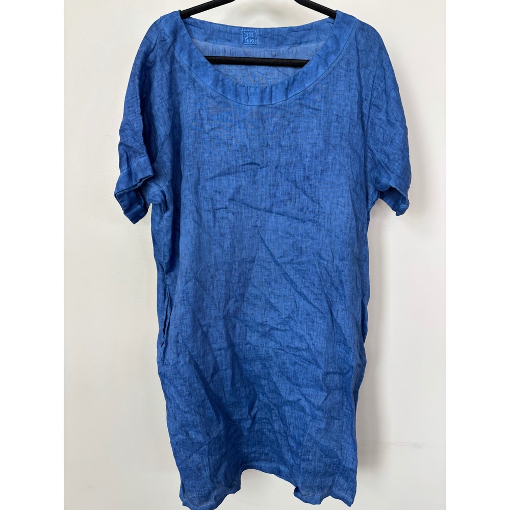 120% Lino Blue 100% Linen Shift Dress Short Sleeve Pocketed Size 48/XL